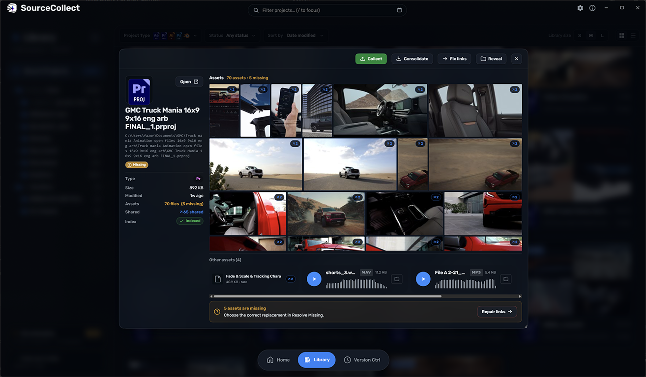 Expanded SourceCollect project card with media thumbnails, audio previews, shared asset counts, and missing-file repair