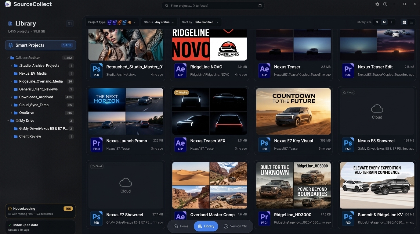 SourceCollect library with visual project thumbnails, file status, and housekeeping findings