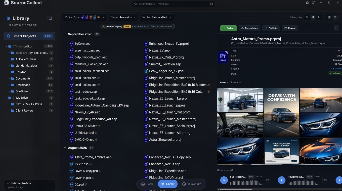SourceCollect library list with the selected project's assets and Collect, Consolidate, Fix links, and Reveal controls